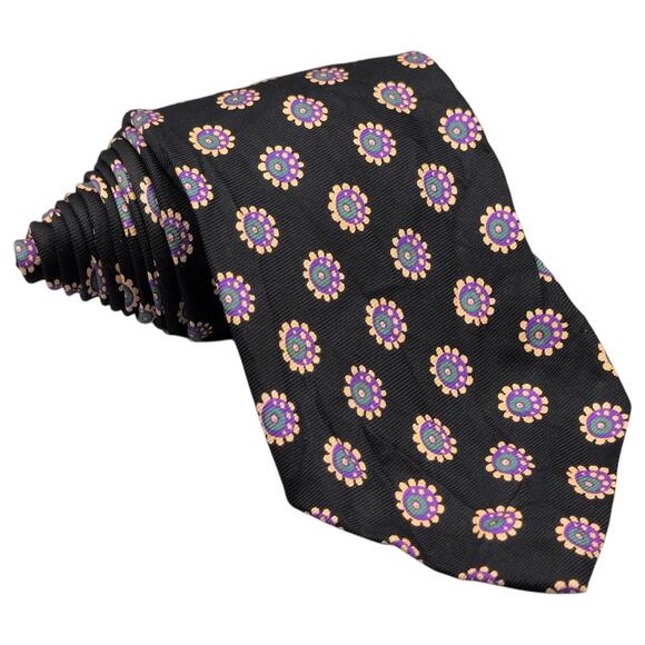 Polo Ralph Lauren Tie 57"x3.5" Black Purple Gold 100% Silk Neat Floral Medallion - Picture 1 of 8